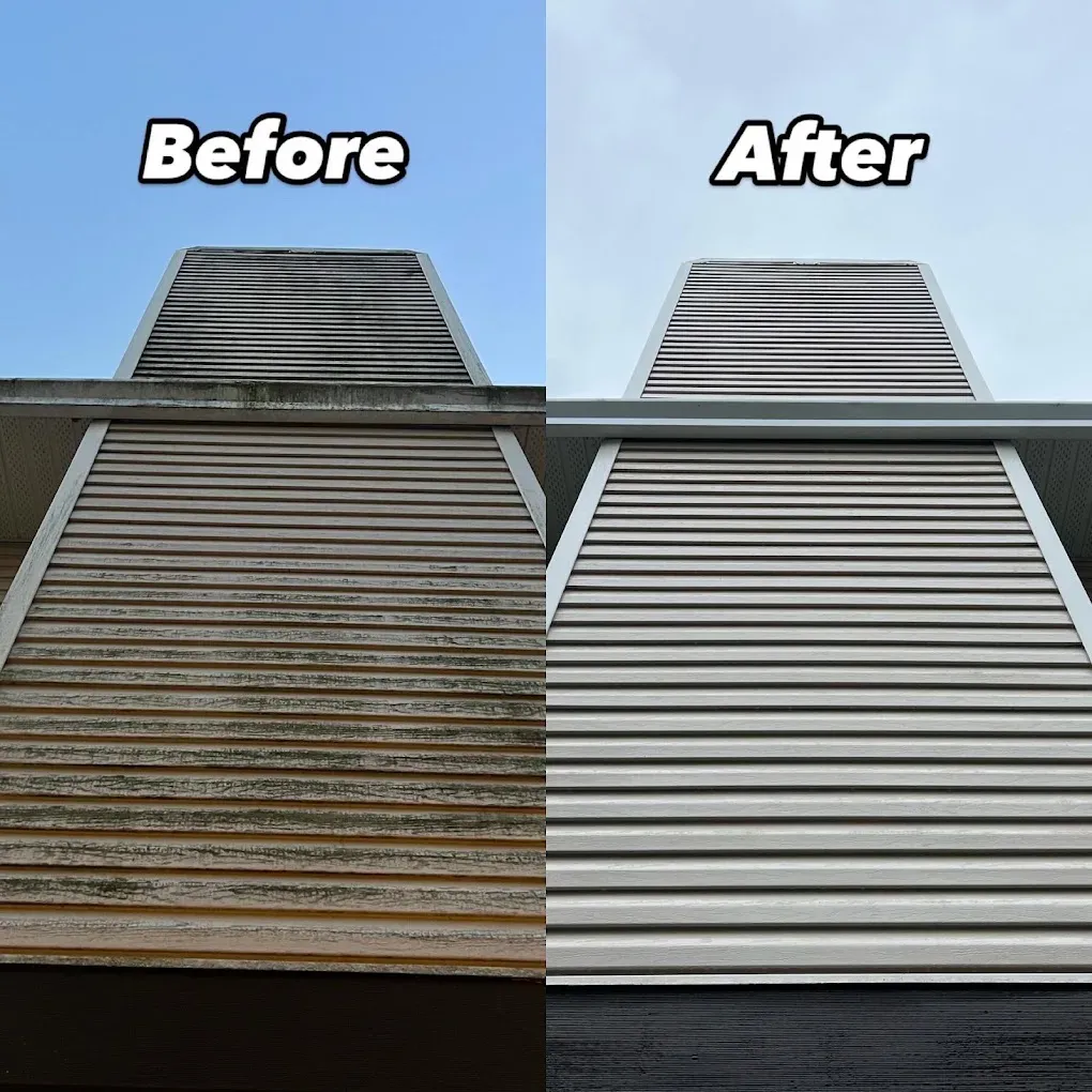 Before and after: the fascia, soffit and siding of a gable end cleaned up