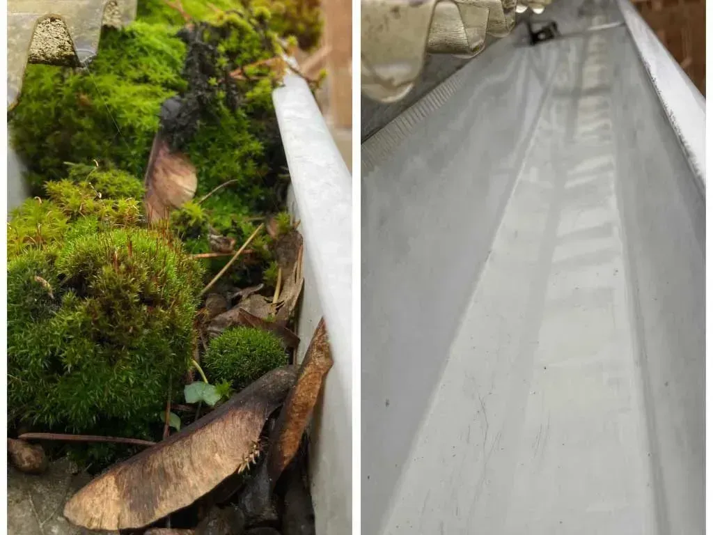 Before and after: an eavestrough packed with moss and fallen debris, and a cleared eavestrough run