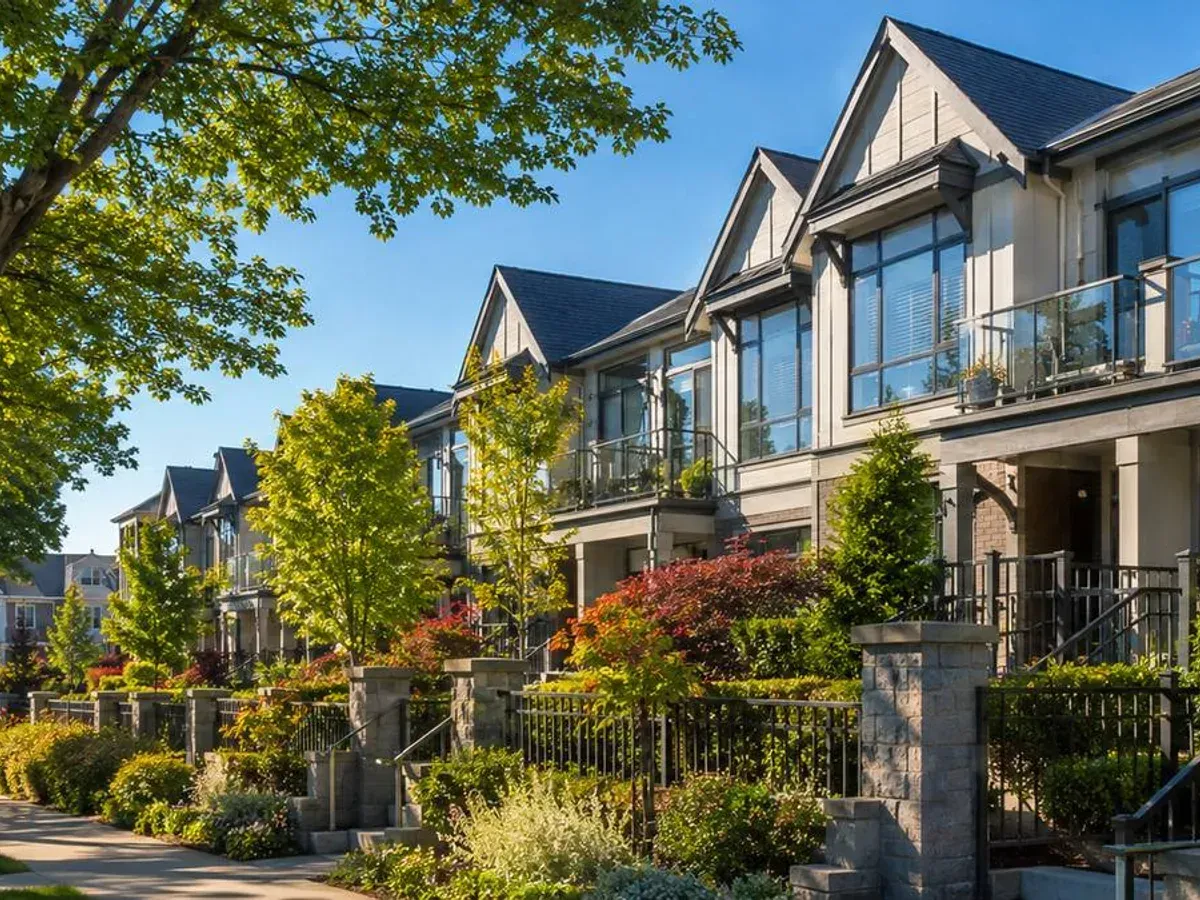 Townhomes with steep gables and balconies along a leafy sidewalk