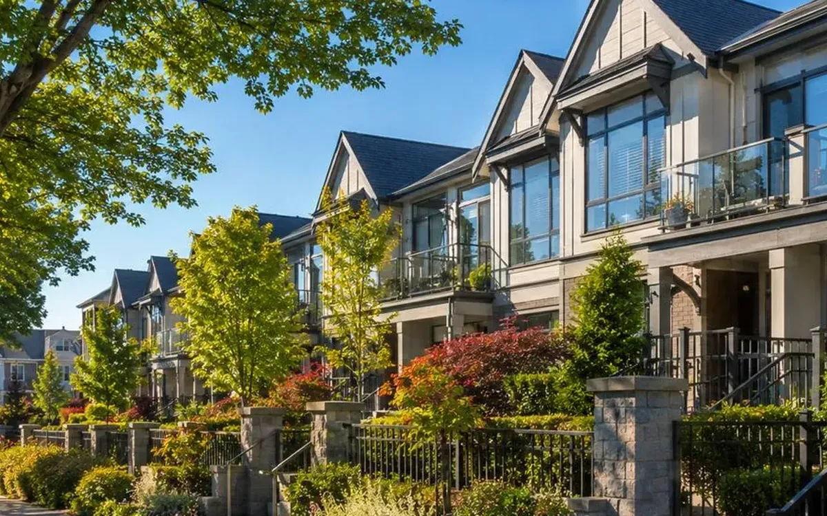 Gabled townhomes with balconies and front gardens behind a stone-pillared fence