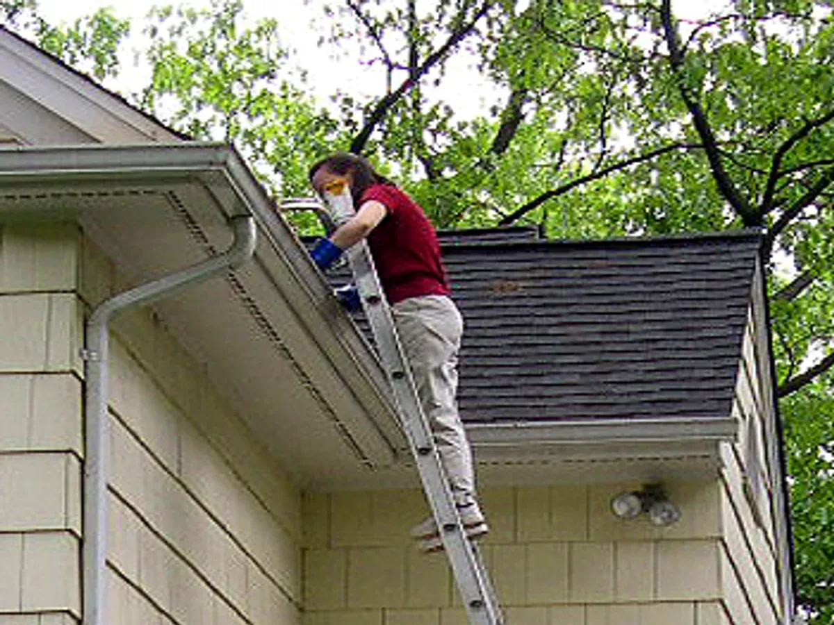 Cleaning the gutter of a two-storey house from an extension ladder